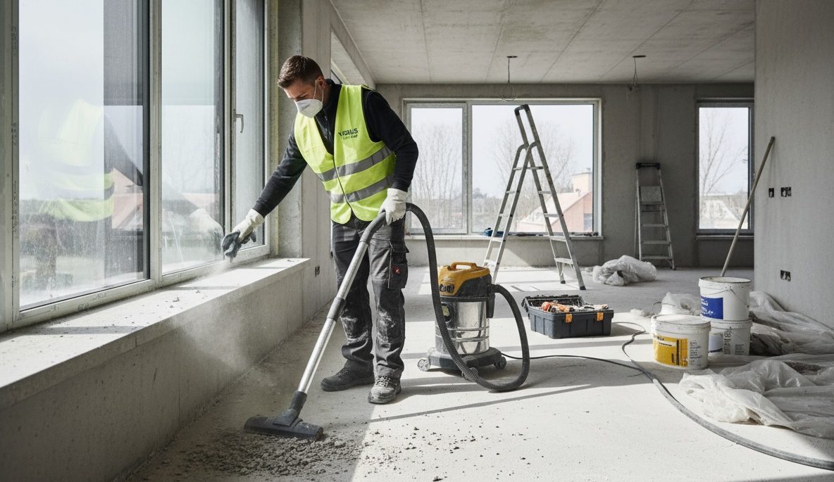 Mann reinigt Baustelle mit Staubsauger.
