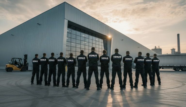 Mitarbeiter der VENUS Gruppe im Einsatzbereich Gebäudereinigung & Industrie Team der VENUS Gruppe vor moderner Industriehalle in Heilbronn<br />