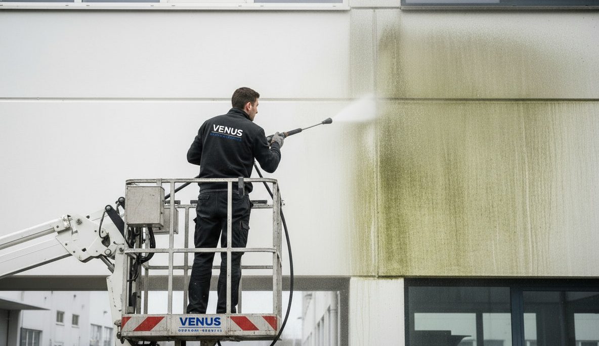 Mann reinigt Fassade mit Hochdruckreiniger.